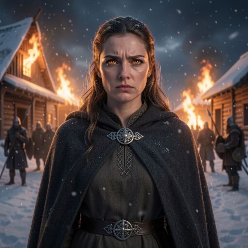 Signy from the Völsunga Saga, a solemn Norse princess standing before a burning Viking longhall at night