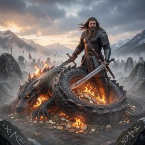 Sigurd the Norse dragon slayer standing over the fallen dragon Fafnir on a misty Nordic battlefield