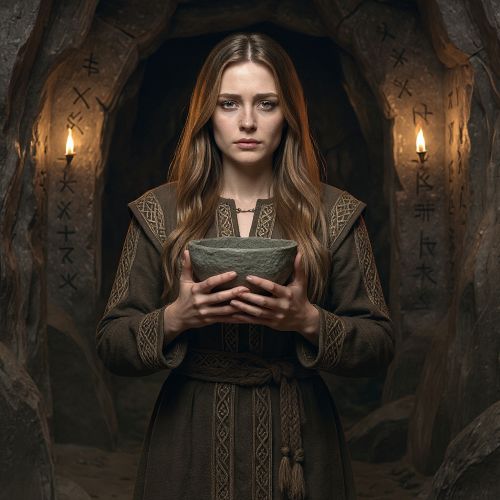 Sigyn, the Norse goddess of loyalty, standing alone in a dim Nordic cavern,