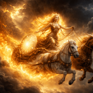 Sol, the Norse and Germanic sun goddess, depicted as a radiant divine feminine figure made of pure golden light