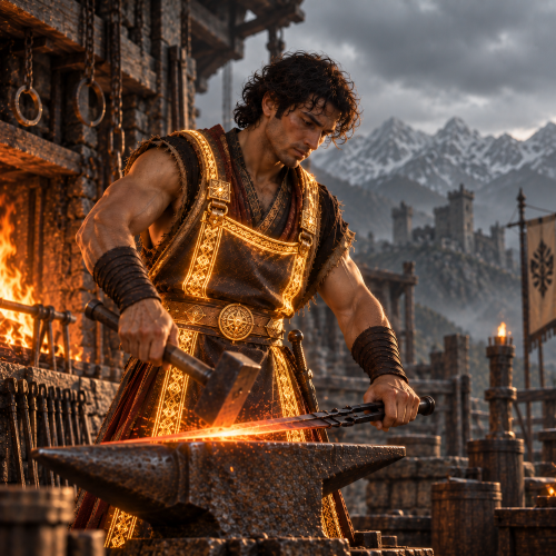 Sosruko, the fire-forged hero of Circassian mythology, working at a mountain forge