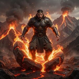 Sosruko, the fire-forged hero of the Nart sagas, emerging from a glowing stone