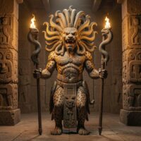 Mythlok - Staff God Andean Staff God standing frontally, holding two ornate staffs with serpent heads