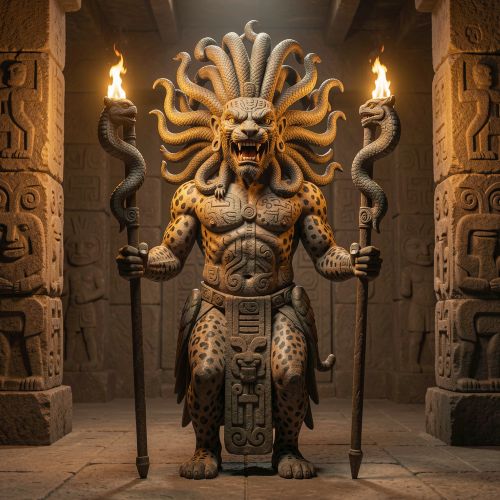 Andean Staff God standing frontally, holding two ornate staffs with serpent heads