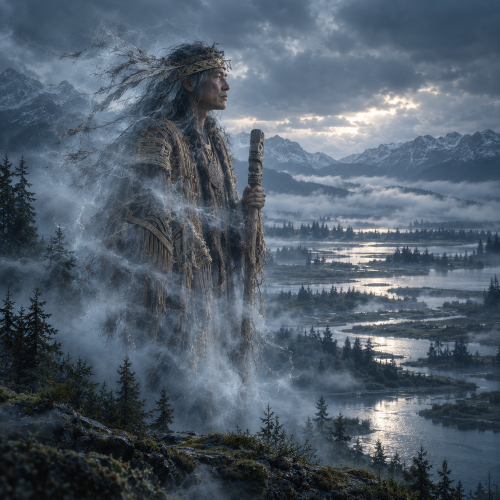Swaneset, the ancestral figure of the Katzie people, appears as a translucent spirit amid mist above the wetlands of British Columbia