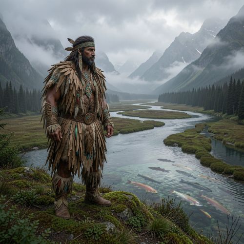 Swaneset, a Coast Salish transformer figure, standing on a moss-covered hill overlooking the wetlands and rivers of the Fraser Valley in British Columbia