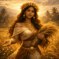 Mythlok - Tag-ani Tag-ani, the Tagalog harvest goddess, depicted as a serene Filipino maiden standing in a golden rice field at sunrise