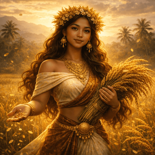 Tag-ani, the Tagalog harvest goddess, depicted as a serene Filipino maiden standing in a golden rice field at sunrise