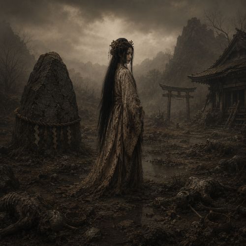 Tamamo-no-Mae standing beside the Sesshō-seki killing stone in the misty volcanic plains