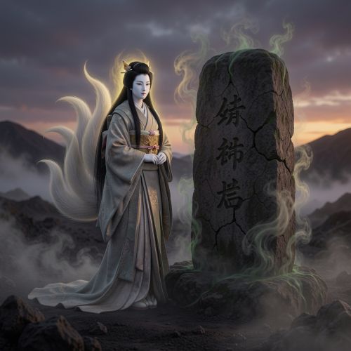 Tamamo-no-Mae standing beside the Sesshō-seki killing stone in the misty volcanic plains