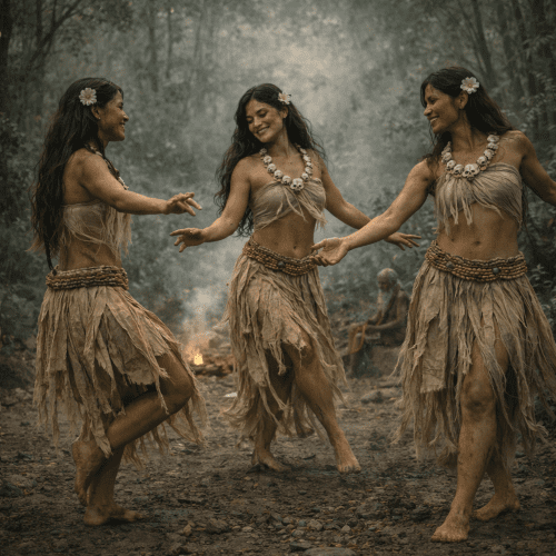 Tapairu beings standing within a dense tropical forest clearing