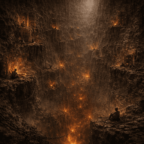 Tartarus, a vast abyss beneath the earth, colossal dark chasm surrounded by towering bronze gates and jagged cliffs