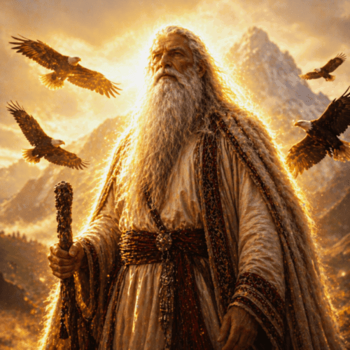 Albanian god Tomorri standing in front of Mount Tomor