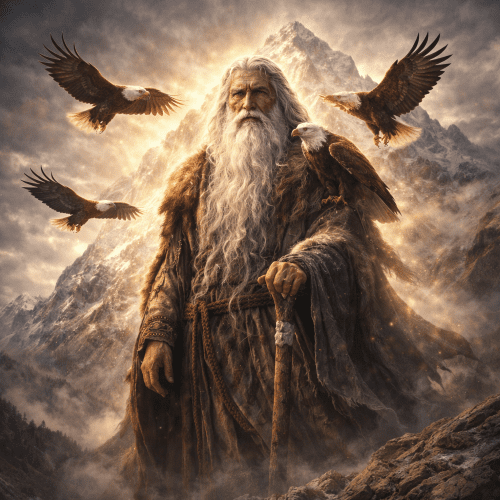 Albanian god Tomorri standing in front of Mount Tomor