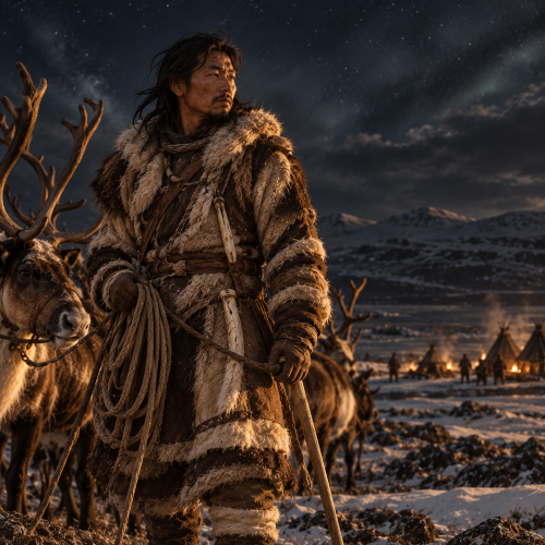 Alt text: Umqäqäi, a Chukchi reindeer-driver in traditional fur clothing, stands with his reindeer beneath a star-filled Arctic night sky