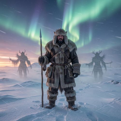 Umqäqäi, an Arctic Chukchi hunter standing on a frozen tundra at twilight