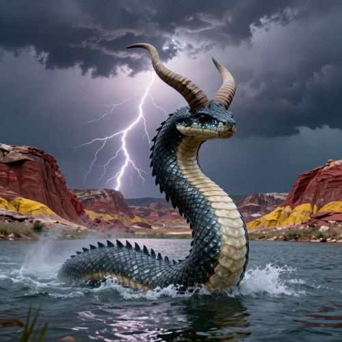 Unktehi, the Lakota horned water serpent, emerging from a storm-dark Great Plains lake