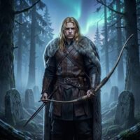 Vali from Norse legend standing in a misty Nordic forest at twilight