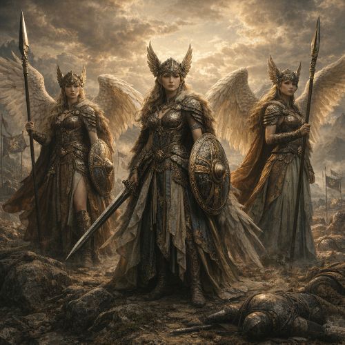 Valkyrie Standing in a Viking battlefield at dusk