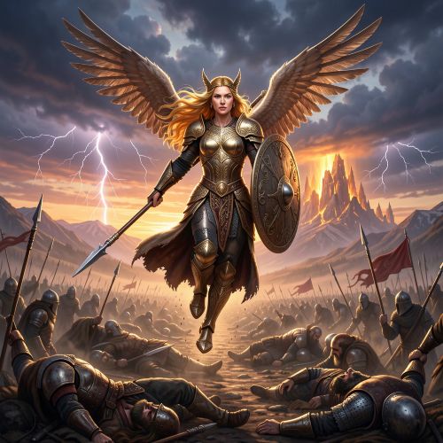 Valkyrie descending over a Viking battlefield at dusk