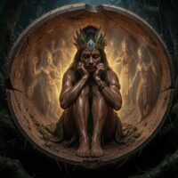 Varima-te-takere seated in a cramped, womb-like cavern