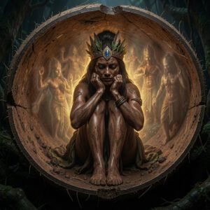 Varima-te-takere seated in a cramped, womb-like cavern