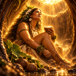Varima-te-takere, the primordial mother goddess of Mangaian mythology, seated within the dark depths of Avaiki surrounded by taro leaves and coconuts