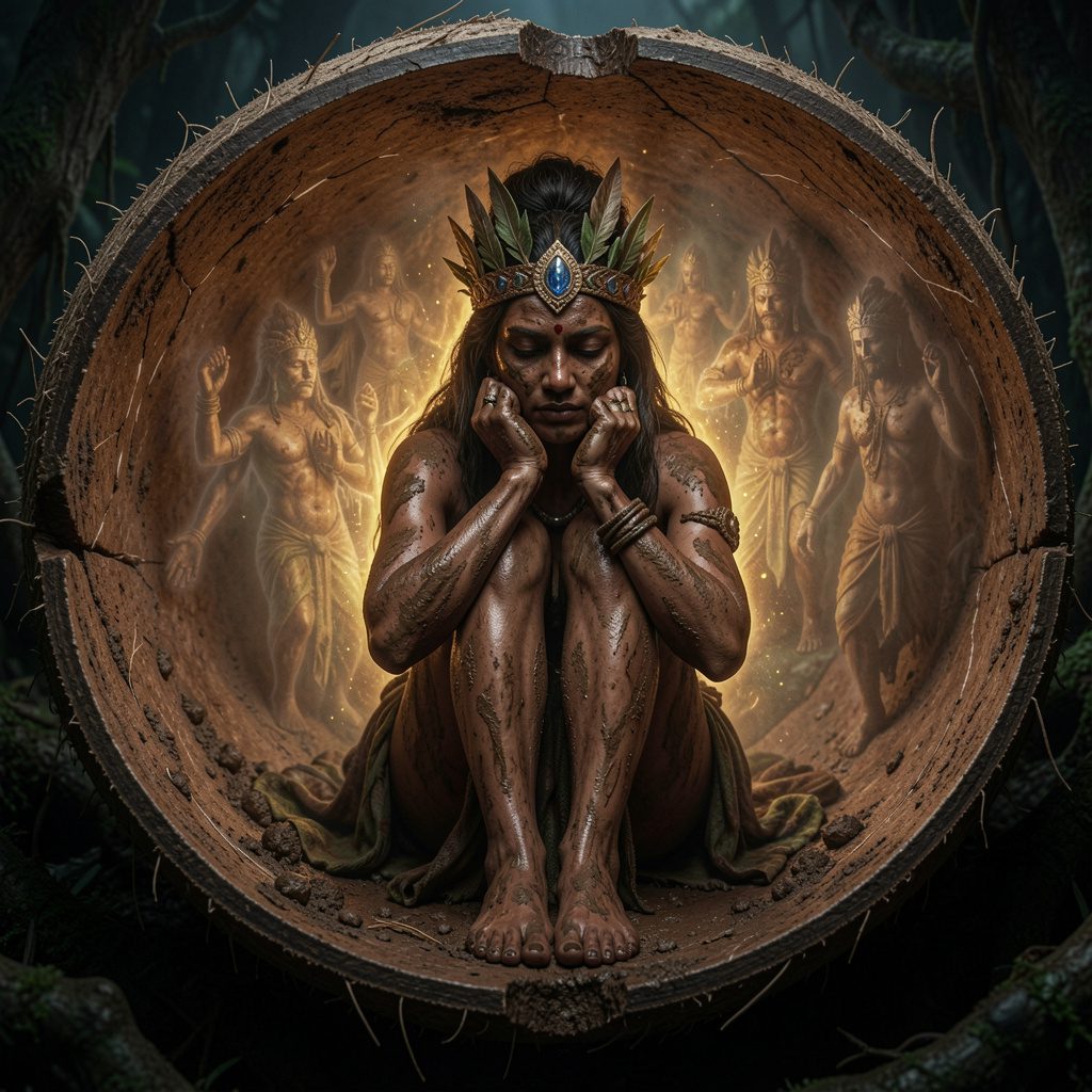 Varima-te-takere seated in a cramped, womb-like cavern