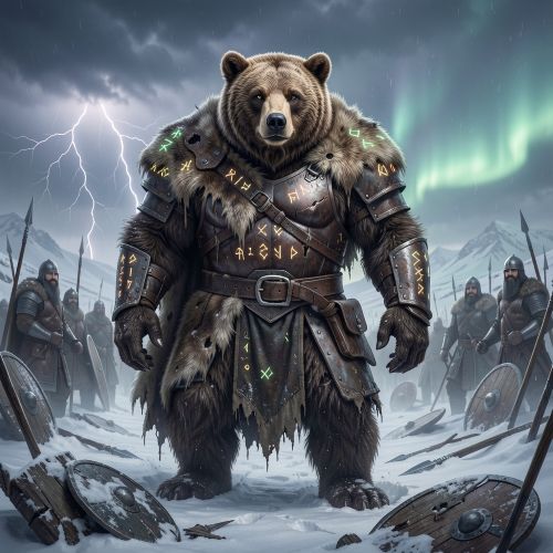 Norse werebear warrior standing on a snowy Viking battlefield