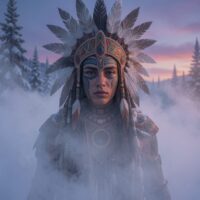 Mythlok - Wisakedjak Wisakedjak, a shapeshifting Cree trickster spirit, standing in a snowy northern forest at twilight