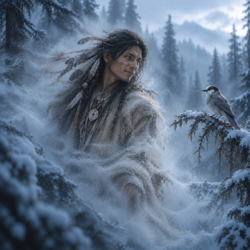 Wisakedjak, the Cree trickster spirit, partially dissolving into mist in a snow-covered boreal forest