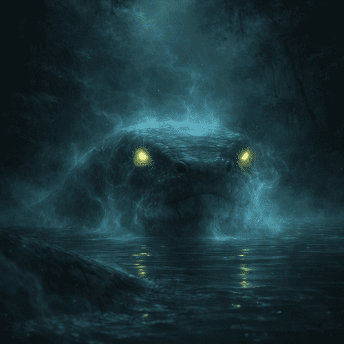 Yacumama, colossal anaconda-like serpent emerging from a dark Amazon river