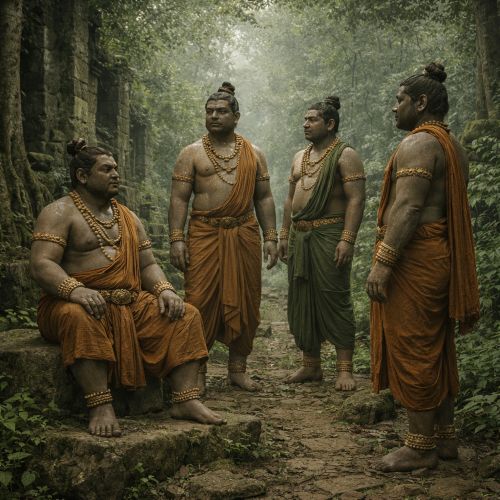 Yakshas in a dense Himalayan forest at twilight