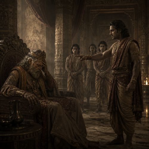 King Yayati in an ancient Indian palace chamber enduring the Curse of Borrowed Youth