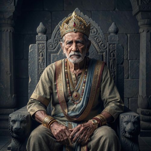 King Yayati alone in an ancient Indian palace chamber enduring the Curse of Borrowed Youth