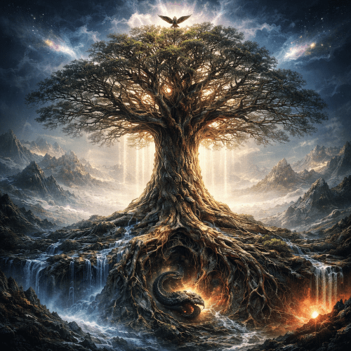 Yggdrasil, the immense Norse World Tree rising across the cosmos