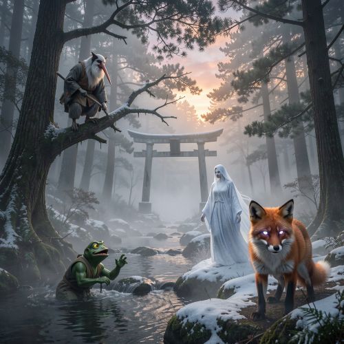 multiple Yokai emerging from a misty Japanese forest at twilight