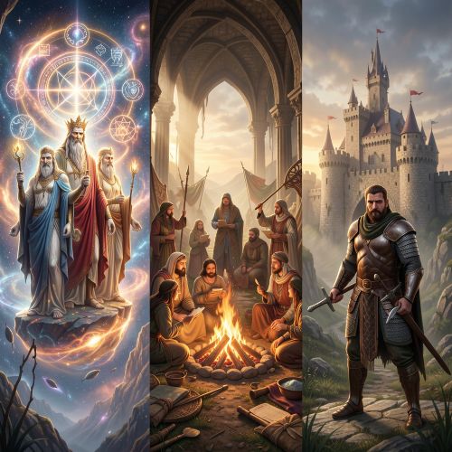 three narrative worlds representing mythology, folklore, and legend.