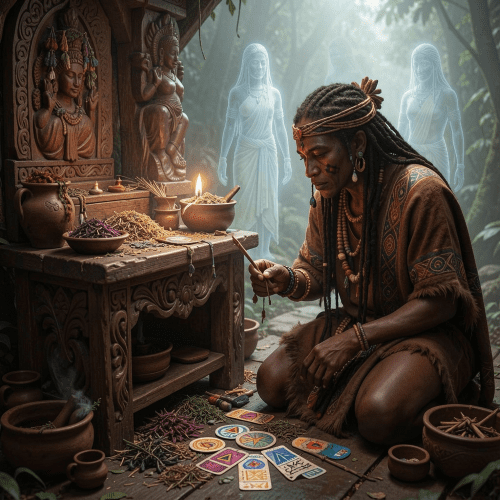 n Obeah practitioner performing a ritual in a Caribbean forest at dusk