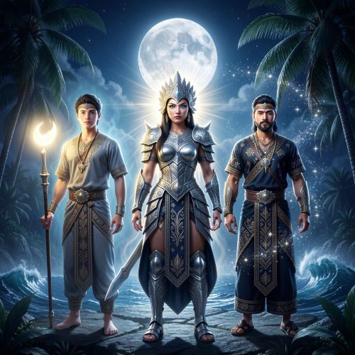 three Philippine Moon Gods standing under a luminous tropical night sky