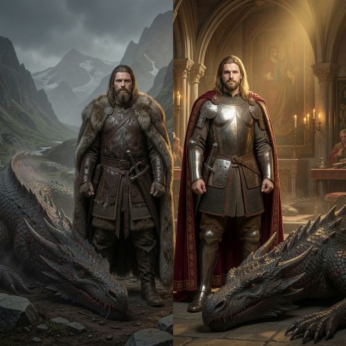 two legendary dragon slayers side by side: Sigurd in Norse setting and Siegfried in medieval German setting.