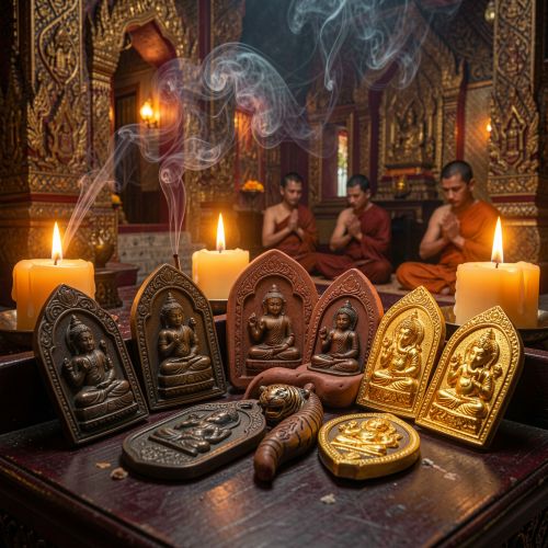 a collection of sacred Thai amulets arranged on a dark wooden altar inside a Thai temple.