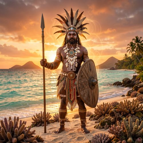 Zugubau ancestral warrior spirit from Torres Strait Islander tradition standing on a coral island