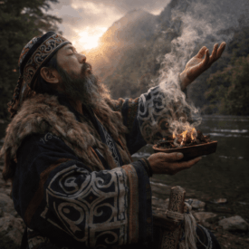 A mystical scene inspired by Ainu Mythology depicting an ancient Ainu shaman performing a ritual in a forest