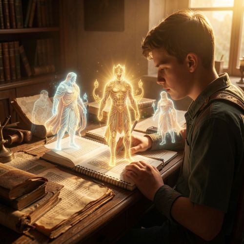 a student sitting at a wooden desk covered with ancient manuscripts and modern notebooks attempting Archetype Tracking