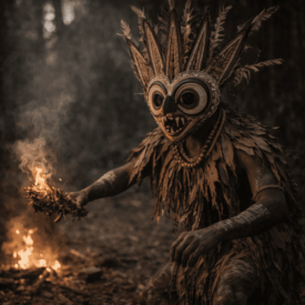 scene of a Baining Fire Dance in a rainforest clearing representing Baining Mythology