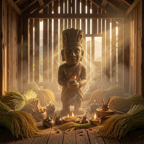 a traditional Ifugao Bulul figurine placed inside a wooden rice granary