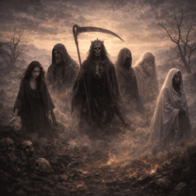 Death_ Gods of Death from multiple cultures unified within a vast underworld landscape.