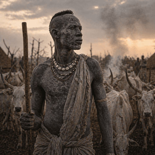 A cultural scene inspired by Dinka mythology