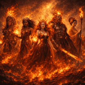 Fire_ Gods of Fire from multiple cultures standing together in a mythic elemental realm.